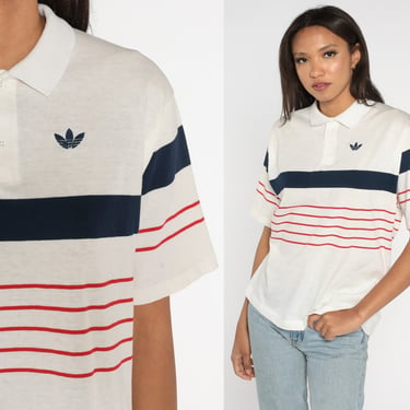 Adidas Polo Shirt 80s White Striped Quarter Button Up Navy Blue Red Collared Short Sleeve Streetwear Retro Shirt 1980s Preppy Extra Large xl 