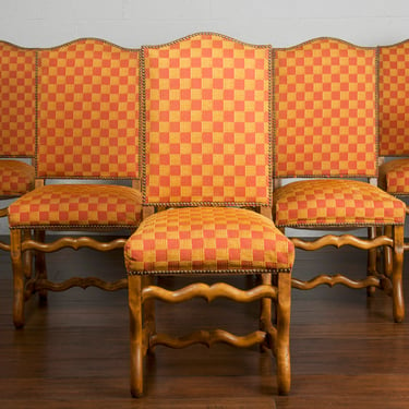 Antique Country French Louis XIII Provincial Os De Mouton Oak Yellow Orange Checkered Fabric Dining Chairs- Set of 6 