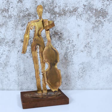 Vintage Brutalist Cello Player Sculpture - Torch Cut Metal Figure 