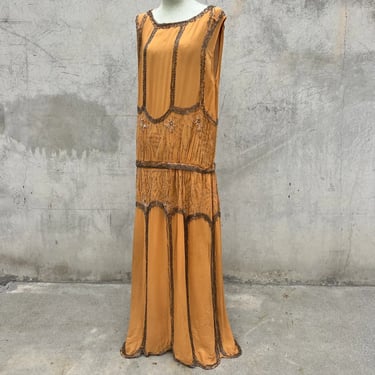 Antique 1920s Orange Cotton Bugle Beaded Dress Full Length Rhinestones Vintage