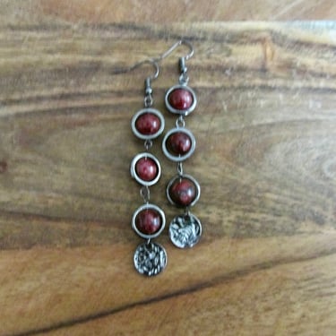 Long raspberry red and gunmetal earrings 