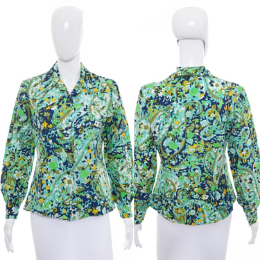 1960's Lady Arrow Green and Blue Floral Print Blouse Size M/L