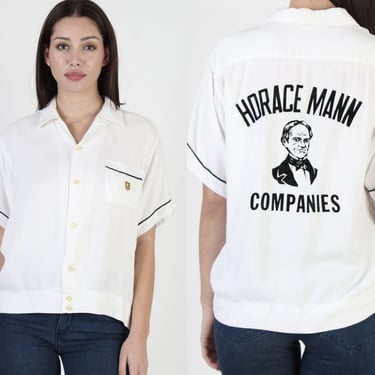 Vintage 1950s 60s Nat Nast Horace Mann Co Bowling Shirt White Button Front Mens 