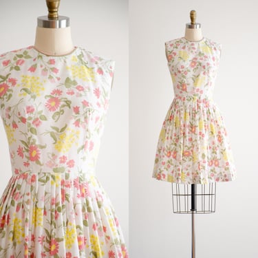 cute cottagecore dress 50s 60s vintage white pink yellow floral cotton sleeveless fit and flare summer sun dress 