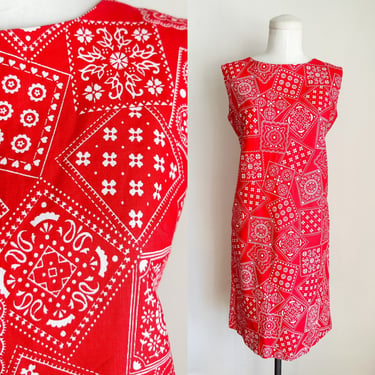 Vintage 1960s Red & White Bandanna Print Shift Dress / S 