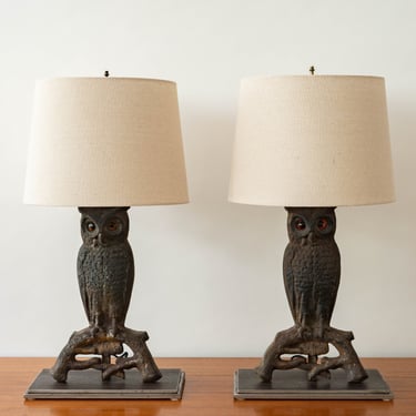 Pair of Arts & Crafts Owl Andiron Table Lamps