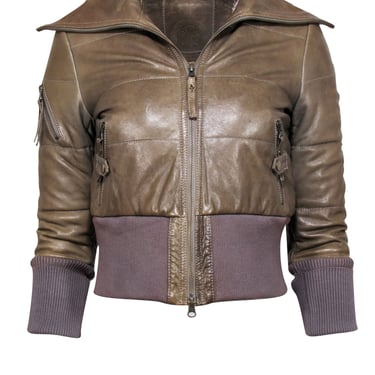 Modern Vintage - Olive Lamb Leather Puff Bomber Jacket Sz XS