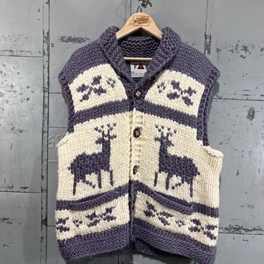 Vintage 80s Cowichan Knit sweater Reindeer Purple Vest Purple handmade in canada hand knit chunky heavy 