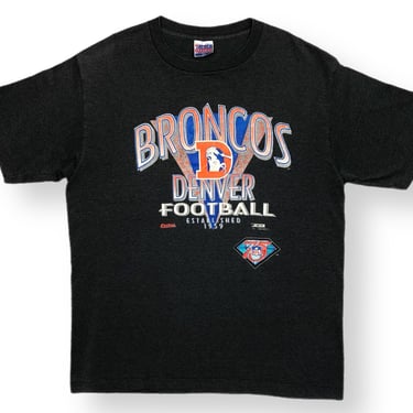 Vintage 1994 Trench Denver Broncos Football NFL 75th Anniversary Striped Graphic T-Shirt Size XL 