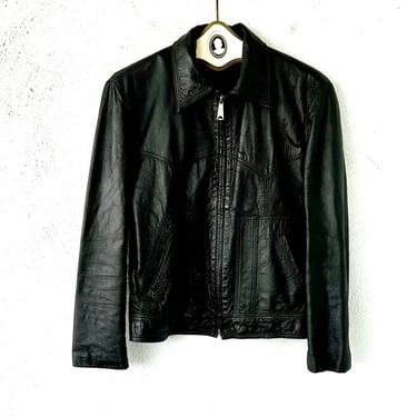 Vintage 70s Leather Jacket 1970s Zip Black Biker Coat Collar 