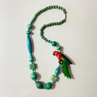 80s Parrot Beaded Statement Necklace / Wood Bead Necklace / Animal Necklace / Tropical / Wooden Colorful Parrot Necklace / 