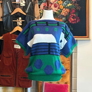 vintage  hand knit sweater / blue green cotton geometric sweater 