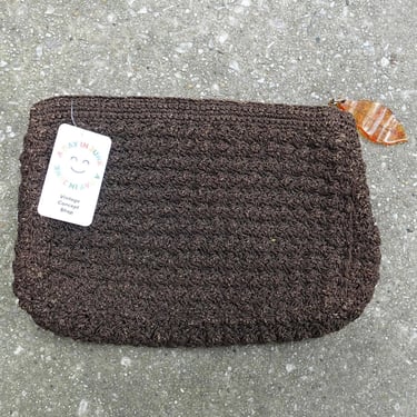Handmade Brown Knit Clutch w/ Leaf Zipper Pull 