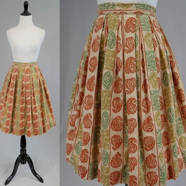 50s Full Skirt - Brown Green Orange Print Cotton - Vintage 1950s - 24