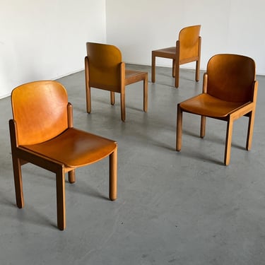 Set of 4 Mid-Century Modern Dining Chairs in the style of Afra and Tobia Scarpa, Cognac Leather and Wood, 1970s Italy 
