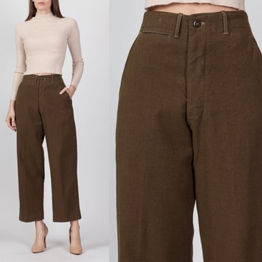 Vintage Olive Wool Army Trousers - Medium, 28" | Military Issue Brown High Waist Pants 