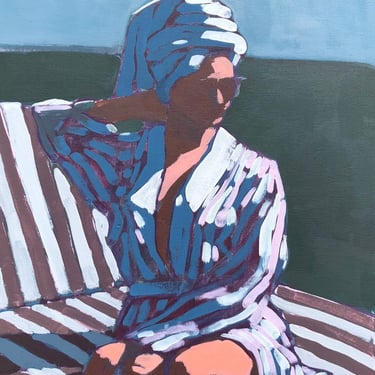 Woman in Chair #16 - Original Acrylic Painting on Canvas 18 x 24, woman, robe, summer, michael van, girl, stripes, modern, figure, retro 