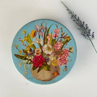 Round Blue Floral Tin