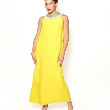 Victoria Royal 1960's Yellow W/ Beaded Neckline Dress 