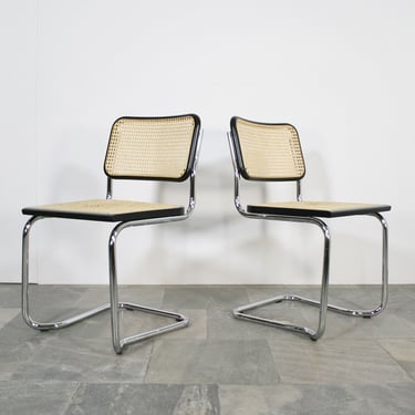 Pair of Vintage Marcel Breuer B32 Italian Cesca Wicker Chrome Cantilever Light Woven Birch Cane Wooden Dining Chairs Bauhaus Modernist Loft 