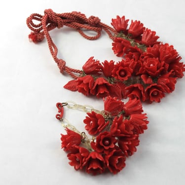 Vintage Celluloid Flower Floral Necklace Bracelet Demi Parure Set 