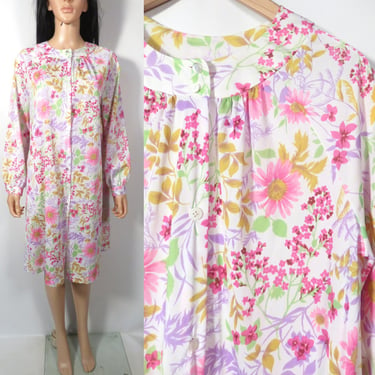 Vintage 70s Spring Floral Nightgown Button Front Dress Made In USA Size M/L 