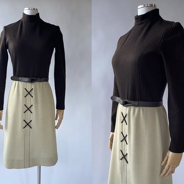 Vintage Brown & Tan Wool Blend Western Mod Dress by Butte Knit / 1960s - 1970s, Twiggy, Costume, Country, Southwest, Long Sleeve, XS, Small 