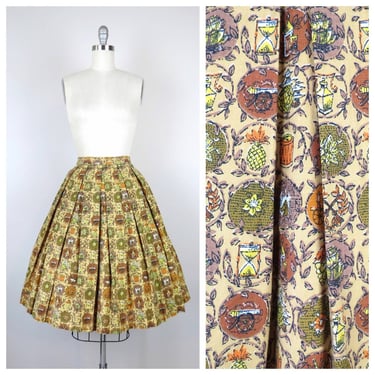 Vintage 1950s cotton novelty print skirt fit and flare Americana folk art autumnal fall colors 