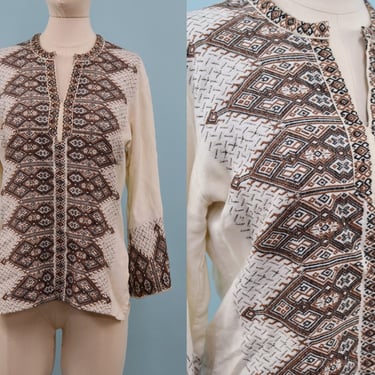 Vintage 1970s Hand Embroidered Greek Shirt, 70s Brown and Cream Tunic Top, Folk Peasant, Hippie Boho, Size Sm/Med by Mo