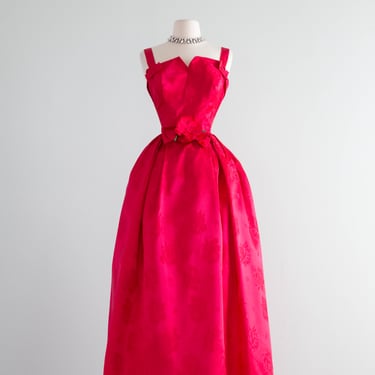 Stunning Early 1960's Shocking Pink Rose Brocade Satin Formal Gown / S