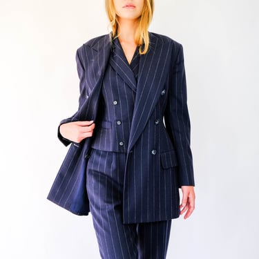 Vintage 90s Richard Tyler Navy Blue Pinstripe Three Piece Double Breasted Pant Suit | Made in USA | 100% Wool | 1990s Designer Power Suit 
