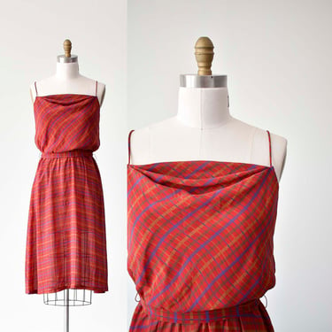 Vintage 1970s Red Plaid Dress / Vintage Summer Dress / 1970s Summer Dress / Vintage Wedding Guest Dress / Bias Cut Dress / Vintage Dress 