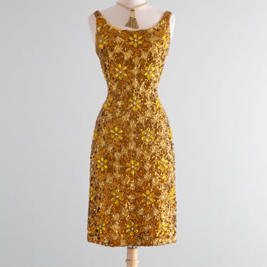 Show-Stopping Early 1960's Fully Beaded Gene Shelly Golden Knit Cocktail Dress / SM