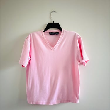 90s VTG Kim Rogers Baby Tee V Neck Short Sleeve Shirt Light Pink Cotton Womens Medium 