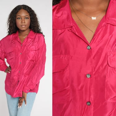 Hot Pink Silk Blouse Y2k Button Up Shirt Retro Plain Simple Long Sleeve Collared Top Preppy Basic Minimal Professional Vintage 00s Large L 