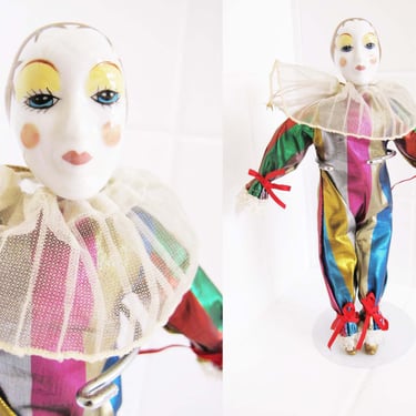 Vintage 80s Harlequin Pierrot Clown Doll - Small 1980s Rainbow Colorful  Gold Porcelain Clown Doll with Stand - 80s Home Decor 