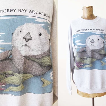 Vintage 90s Monterey Bay Aquarium Sea Otter Pullover Sweatshirt L XL - Cute NorCal Heather Gray Illustrated Jumper 