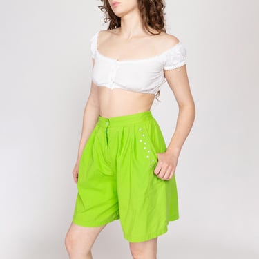 Medium 80s Lime Green Jeweled High Waisted Shorts | Vintage Cotton Pleated Wide Leg Casual Long Shorts 