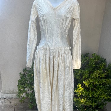 Vintage Wedding midi dress white satin brocade handmade Sz XXS 