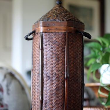 Vintage Tall Hexagon Rattan and Wood Tabletop Storage Chest 