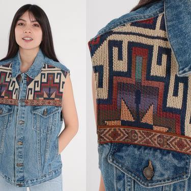 Southwestern Denim Vest 90s Blue Jean Vest Woven Tapestry Button Up Sleeveless Jacket Bohemian Hippie Southwest Shirt Vintage 1990s Large L 