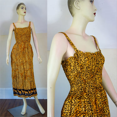 Vintage leopard print dress size small medium or large, 90s Y2K animal print sexy sleeveless smocked sundress with spaghetti straps 