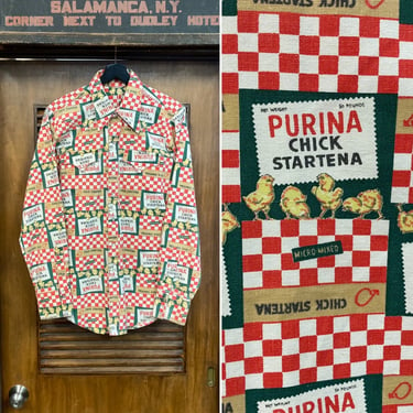 Vintage 1960’s “Rockmount” Purina Food Pop Art Western Cowboy Rockabilly Shirt, 60’s Snap Button Shirt, Vintage Clothing 