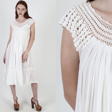 White Cotton Gauze Dress / Vintage 80s Plain Crochet Beach Dress / Lightweight Thin Sun Dress / Sheer Airy Lightweight Midi 