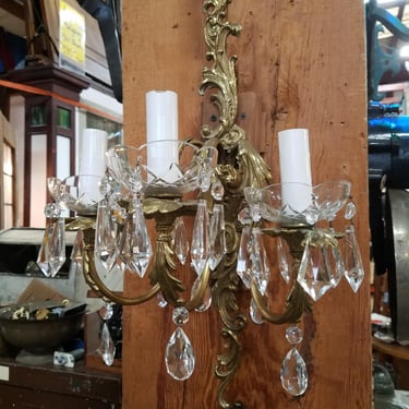 Vintage 3 Arm Rococo Style Cast Brass and Crystal Sconce