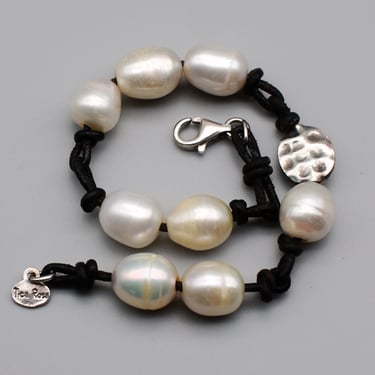 Vintage Tica Rosa 925 silver baroque pearls knotted leather bracelet, edgy elegant sterling asymmetrical stacker 