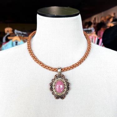 Designer Carolyn Pollack Sincerely Southwest Pedant, Sterling and Brass, Pink Rhodonite Pendant Braided Leather Necklace, NWT, Gift for Her 