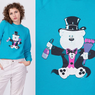 80s Romantic Teddy Bear Sweatshirt - Small | Vintage Blue Raglan Sleeve Cartoon Animal Crewneck 