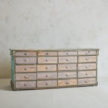 Rustic Turquoise + Beige Wood Chest of Drawers, 20th Century