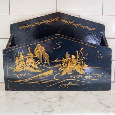 Vintage Wooden Chinoiserie Handpainted Letter Box 2 Slots Chippy Shabby 
